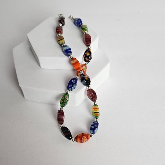 Millefiori Style Art Glass Bead Necklace Venetian Style Murano Inspired 14-16" - Picture 2 of 11